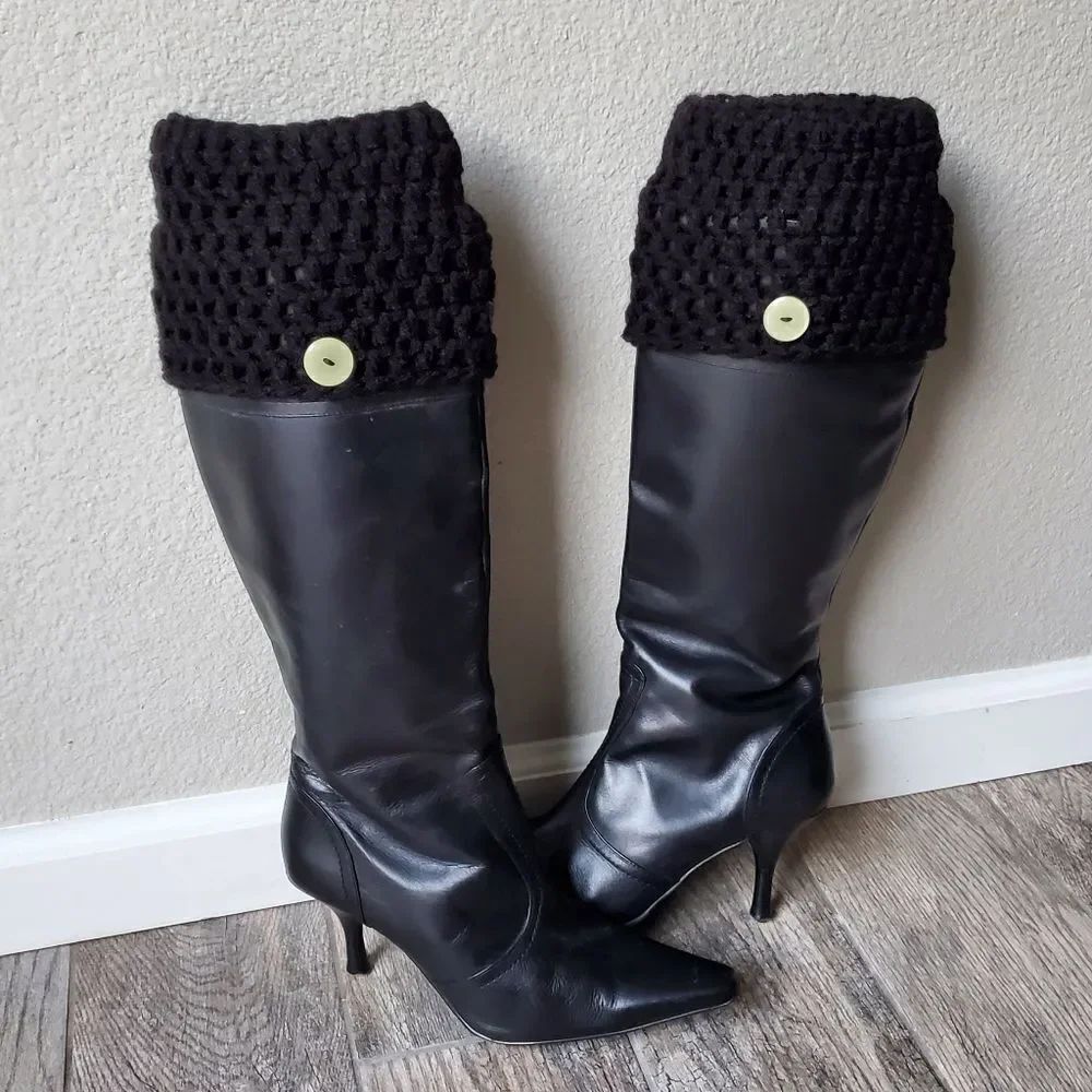 Hand Crafted Black Open Knit Crochet Boot Cuffs and Headwrap Set